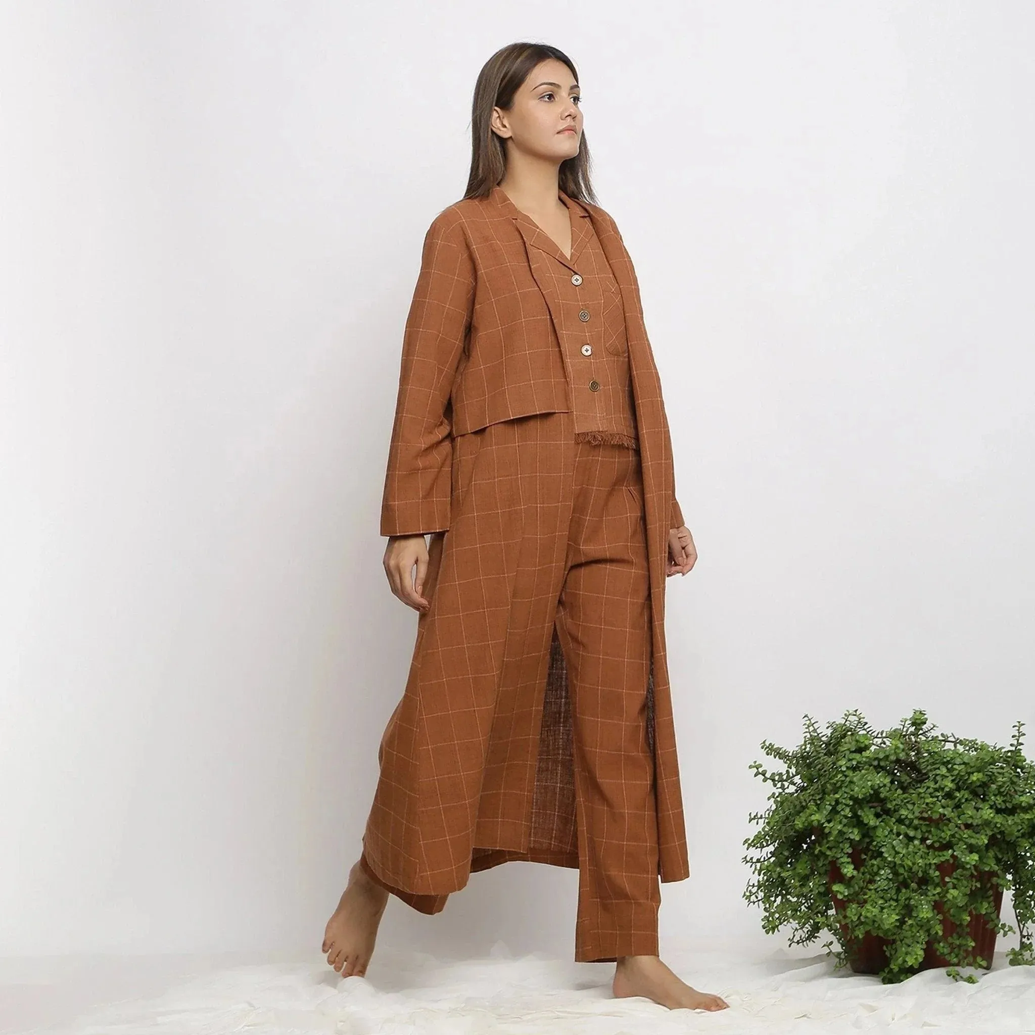 Almond Brown Checks Loose Fit Cotton Overlay