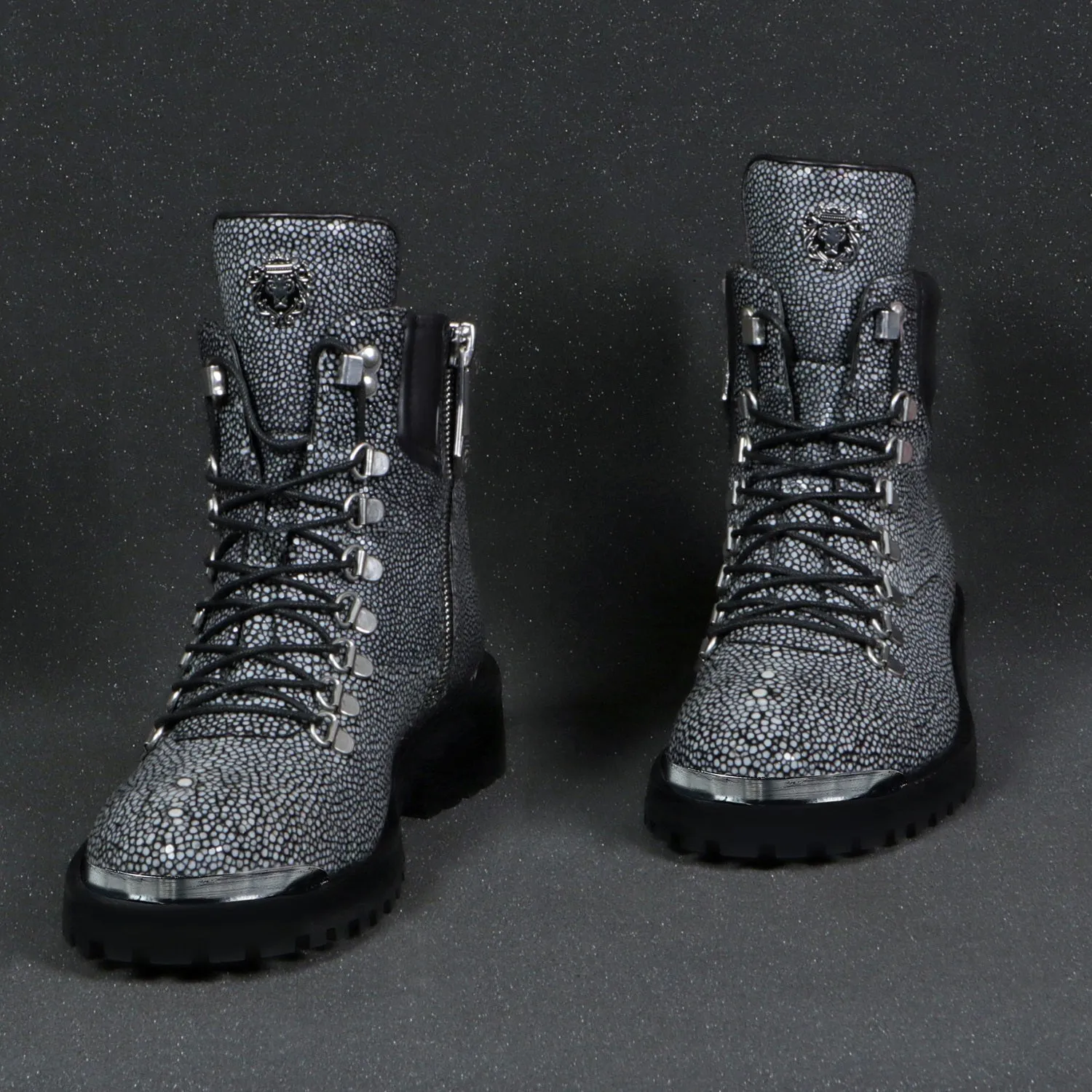 Chunky Boot With Stingray Fish Exotic Grey Leather