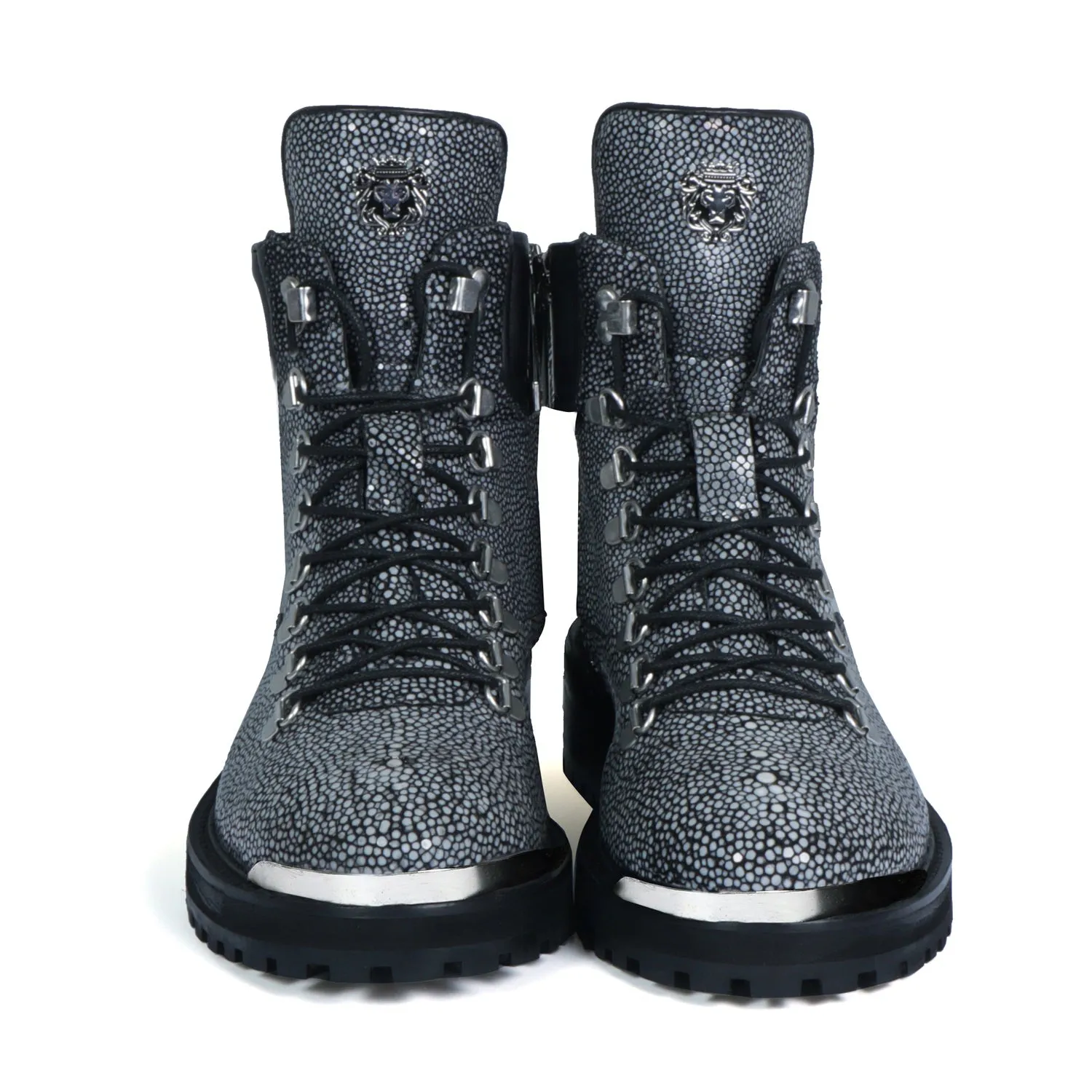 Chunky Boot With Stingray Fish Exotic Grey Leather