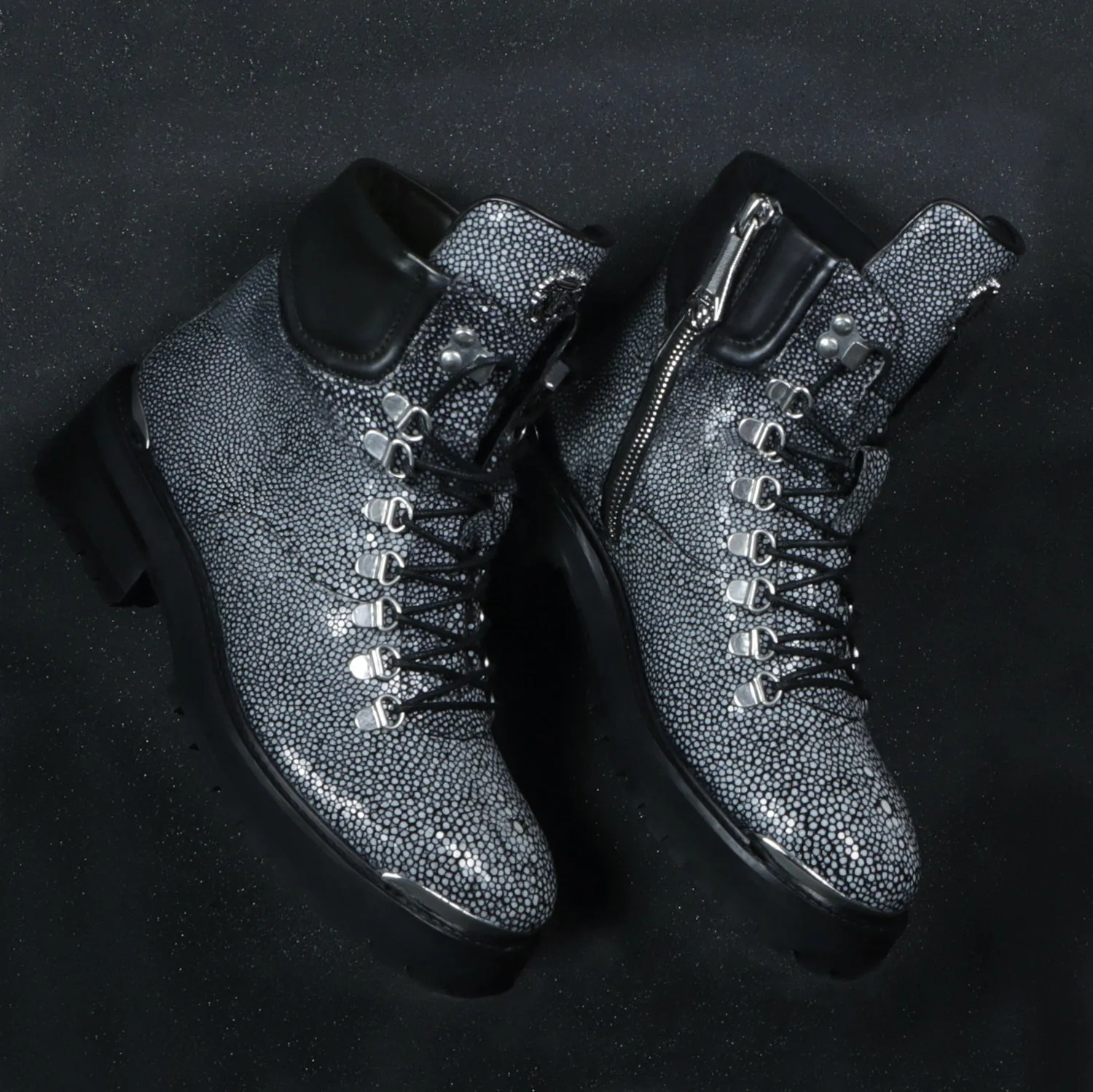 Chunky Boot With Stingray Fish Exotic Grey Leather