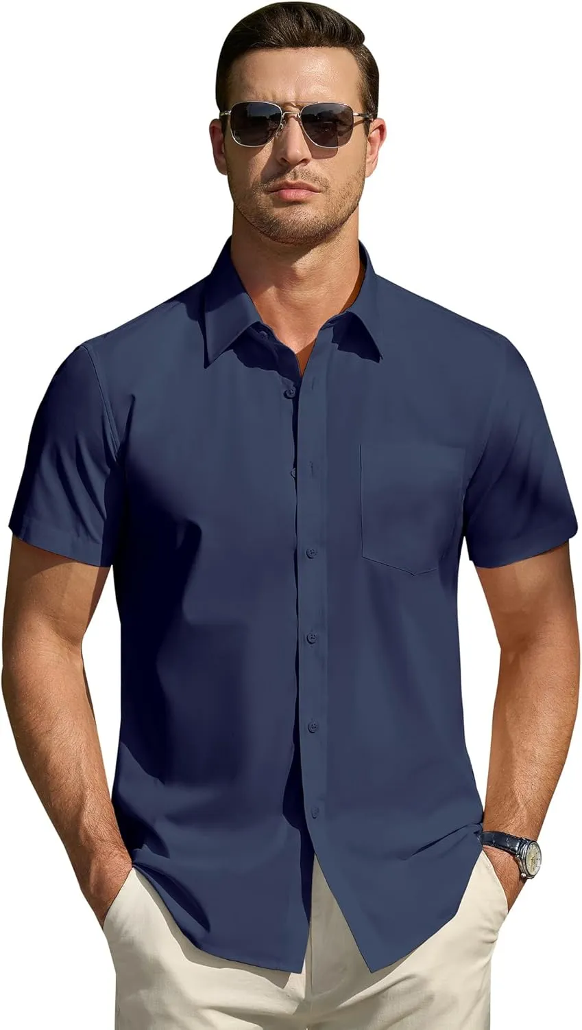 DEMEANOR Cotton Mens Dress Shirts Short Sleeve Button Down Shirts Formal Summer Dress Shirt Casual Button Up Shirts Men