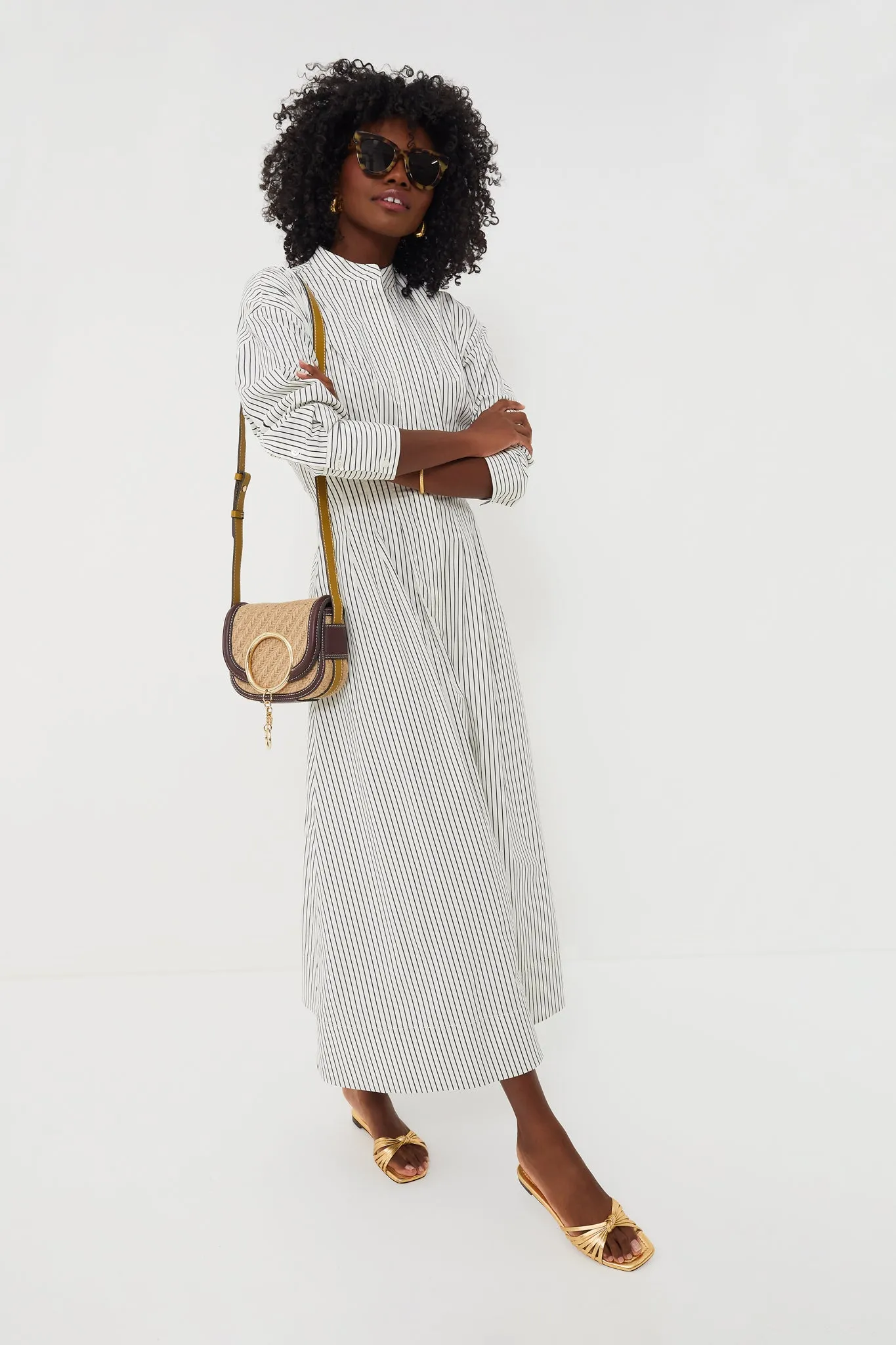 Ivory Micro Stripe Midi Lorenza Dress