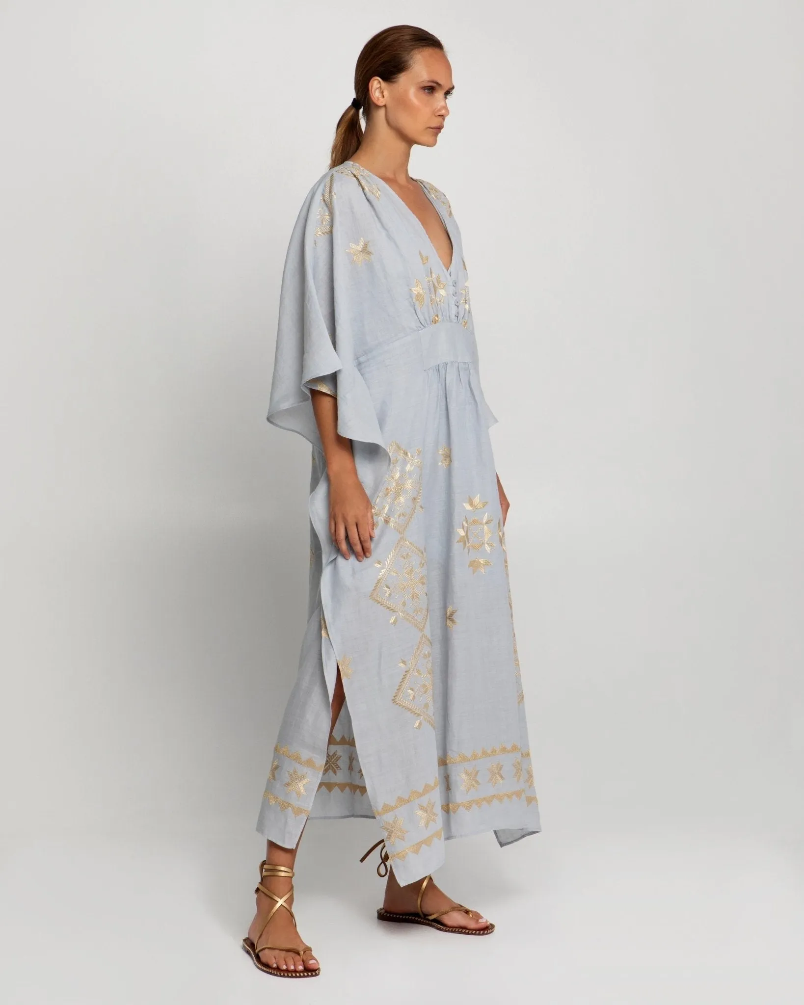 Kori Lefkada Long Kaftan | Light Grey & Gold