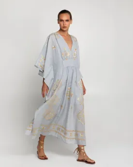 Kori Lefkada Long Kaftan | Light Grey & Gold
