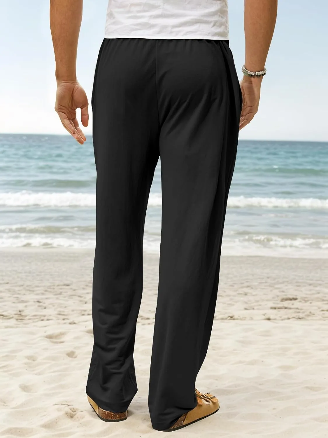 Mens Summer Casual Linen Pants Beach Elastic Drawstring Waistband Loose Fit Slacks with Pockets