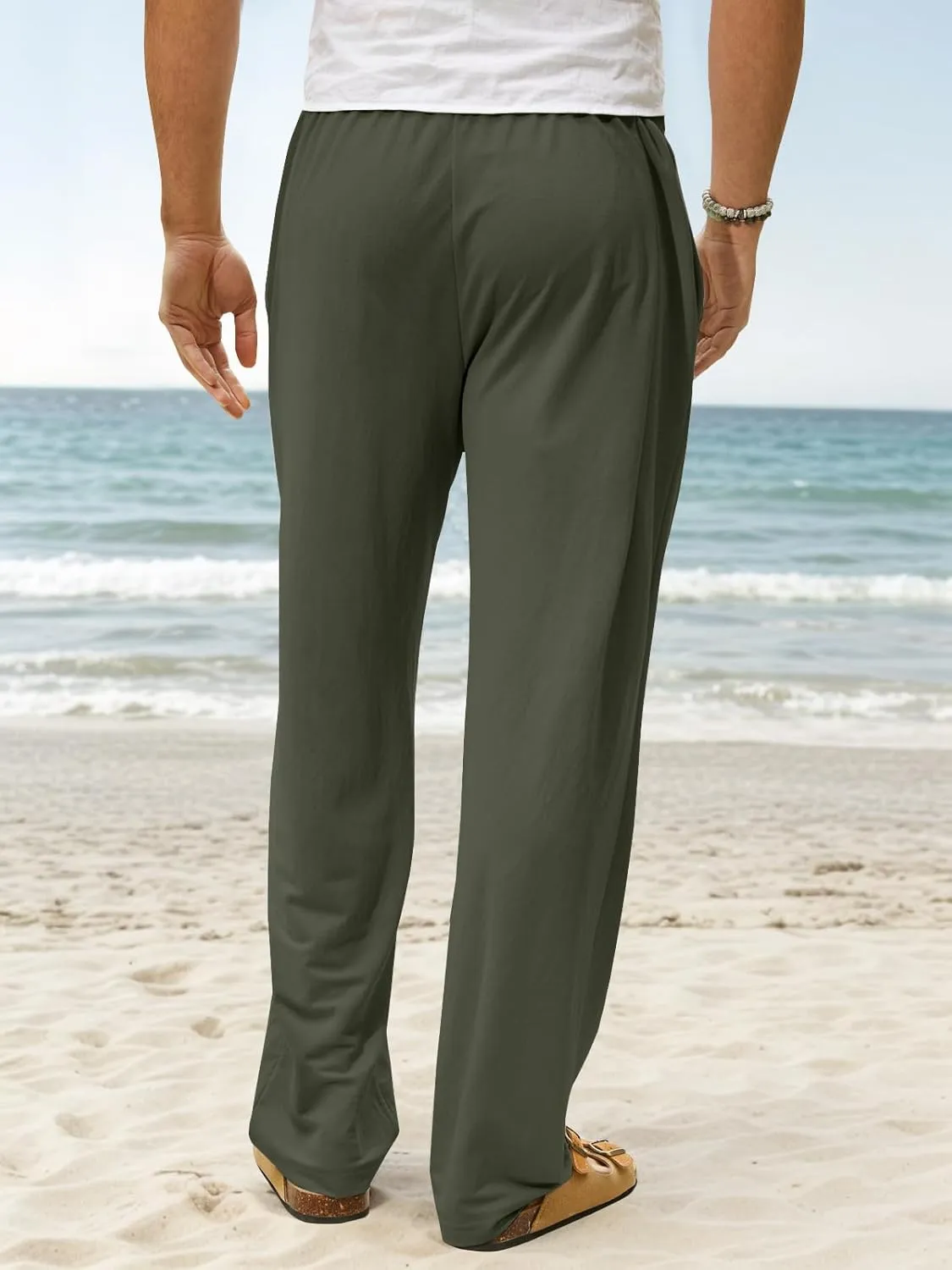 Mens Summer Casual Linen Pants Beach Elastic Drawstring Waistband Loose Fit Slacks with Pockets