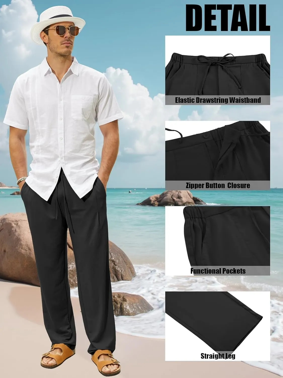 Mens Summer Casual Linen Pants Beach Elastic Drawstring Waistband Loose Fit Slacks with Pockets