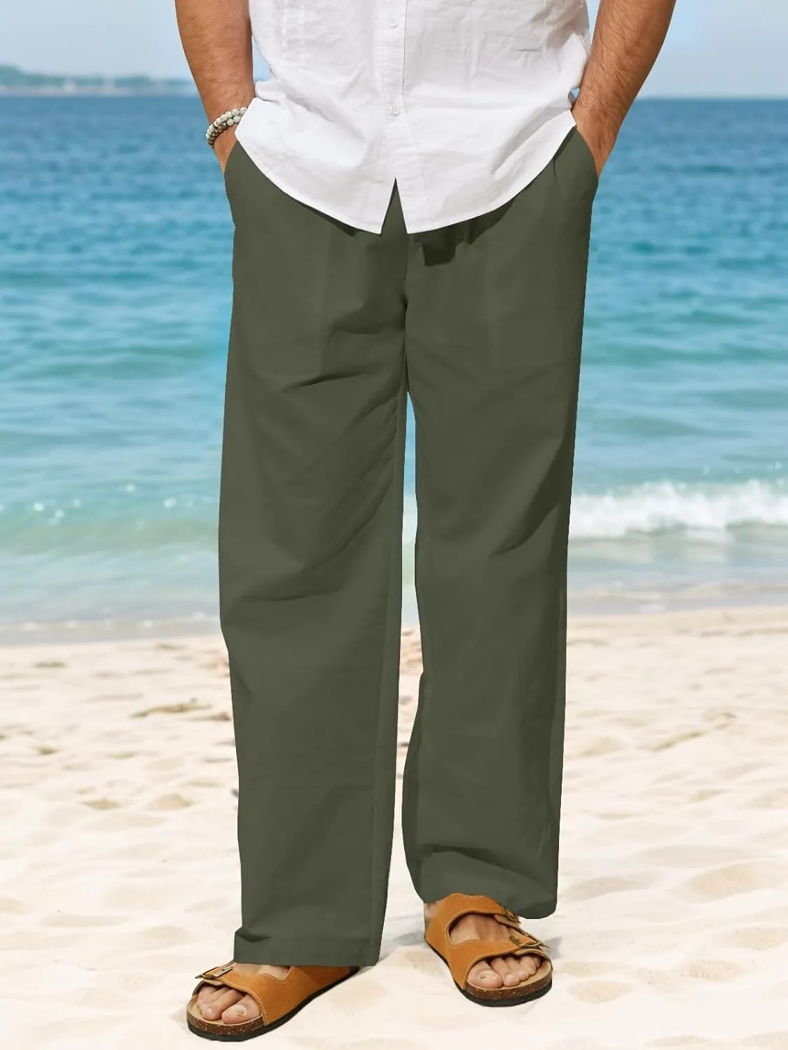 Mens Summer Casual Linen Pants Beach Elastic Drawstring Waistband Loose Fit Slacks with Pockets