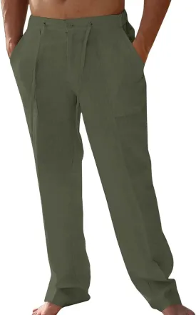 Mens Summer Casual Linen Pants Beach Elastic Drawstring Waistband Loose Fit Slacks with Pockets