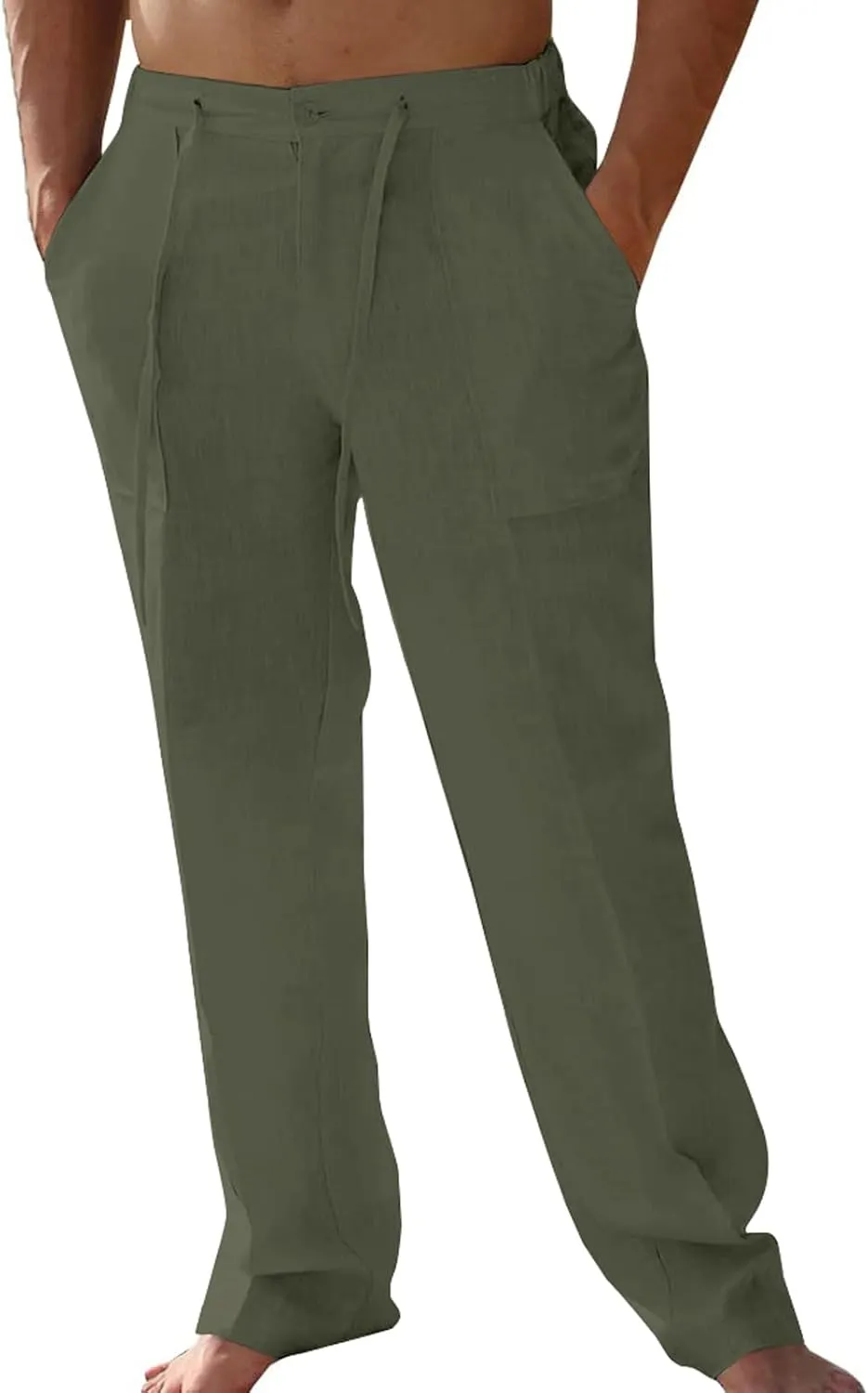 Mens Summer Casual Linen Pants Beach Elastic Drawstring Waistband Loose Fit Slacks with Pockets