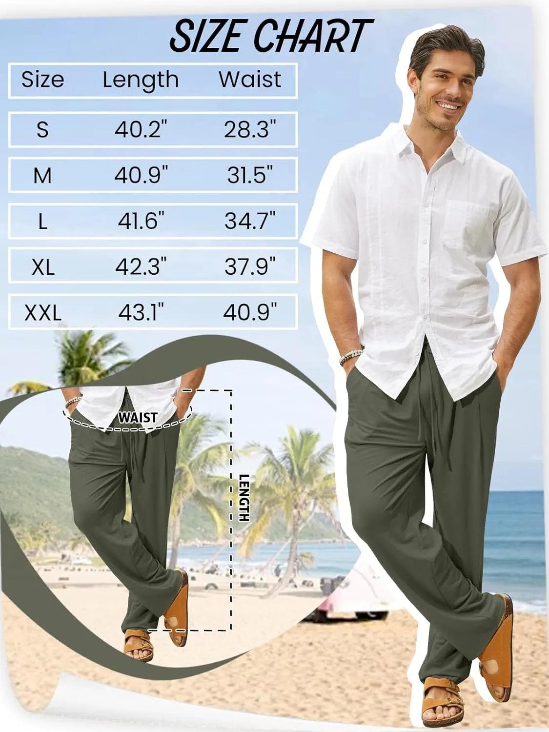 Mens Summer Casual Linen Pants Beach Elastic Drawstring Waistband Loose Fit Slacks with Pockets