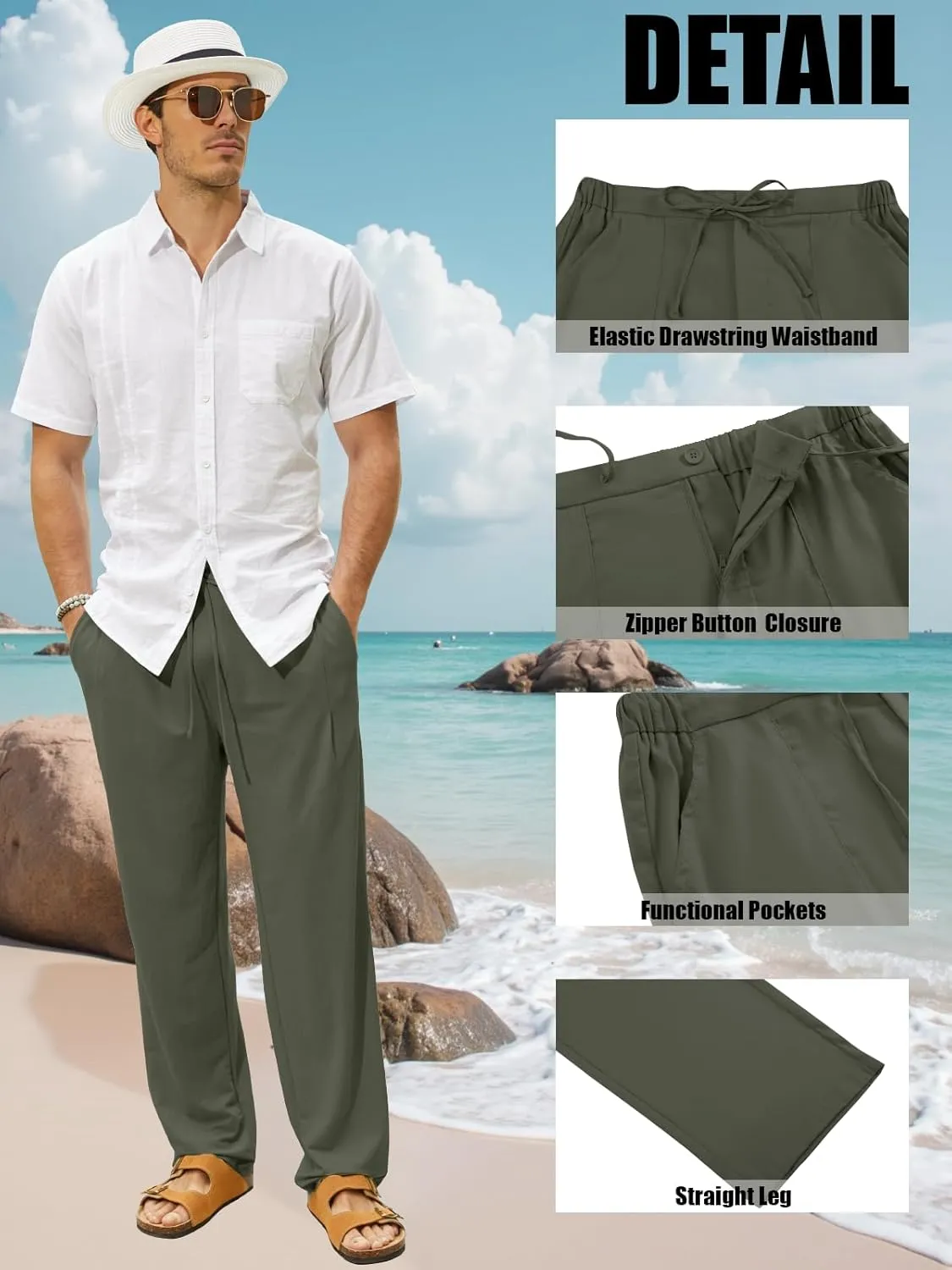 Mens Summer Casual Linen Pants Beach Elastic Drawstring Waistband Loose Fit Slacks with Pockets