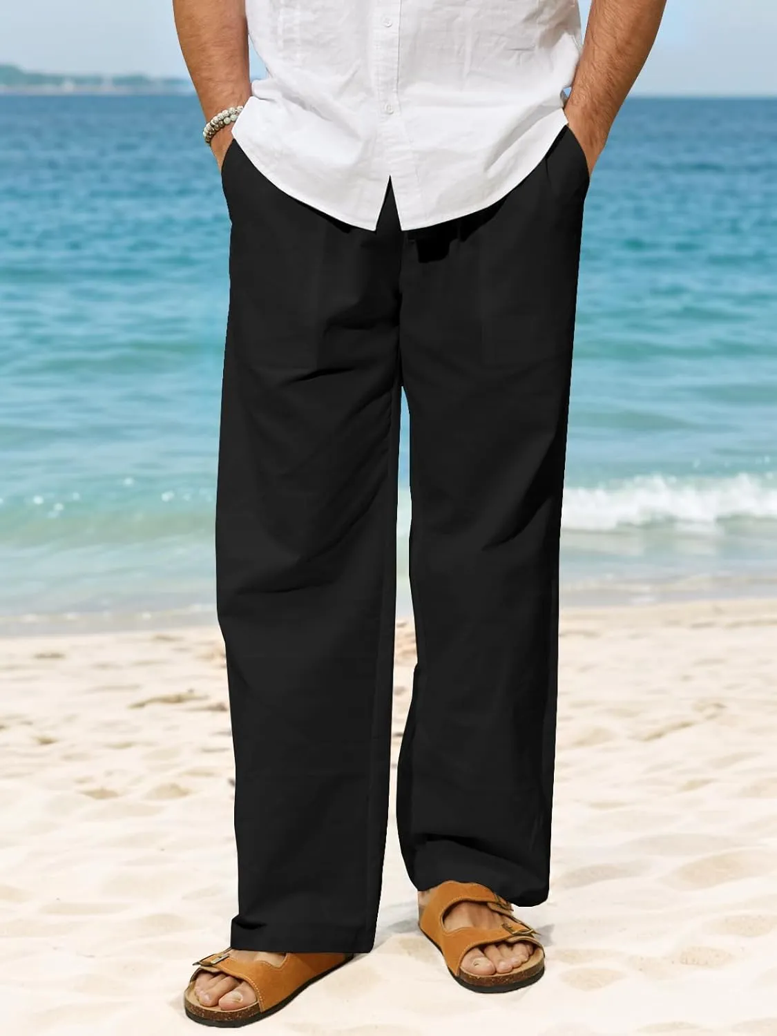 Mens Summer Casual Linen Pants Beach Elastic Drawstring Waistband Loose Fit Slacks with Pockets