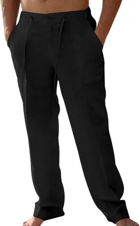 Mens Summer Casual Linen Pants Beach Elastic Drawstring Waistband Loose Fit Slacks with Pockets