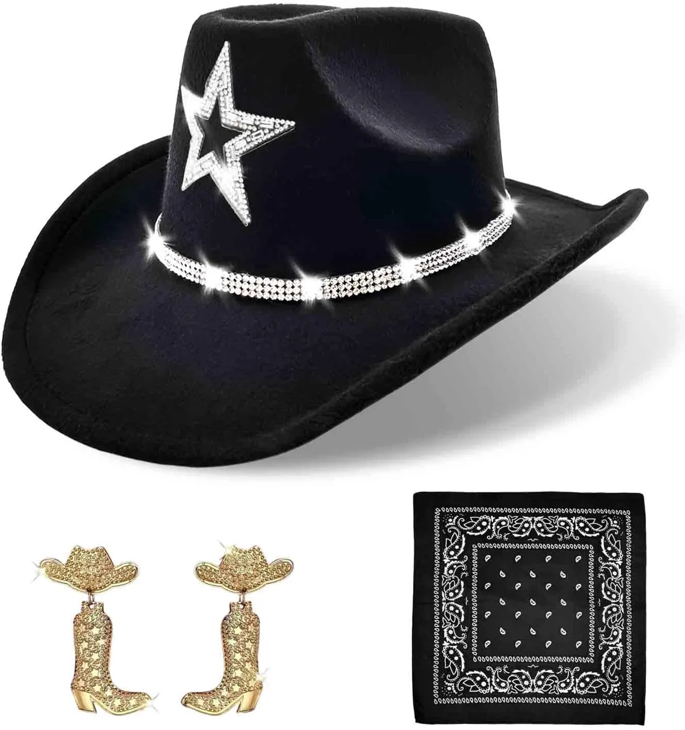 Rhinestone Cowboy Hat and Earring Set with Bandana, Western Cowgirl Boots Earrings and Felt Fedora for Women Men Rodeo Outfit (Rhinestone Band & Star, Black)
