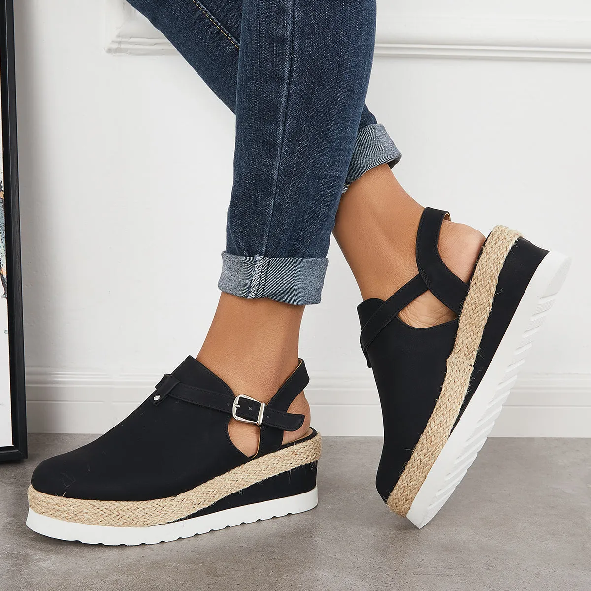 Sohiwoo  Women's Closed Toe Platform Espadrilles Wedge Ankle Strap Sandals